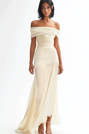 Flowy Ivory Off the Shoulder Ruched Chiffon Sheath Wedding Dress